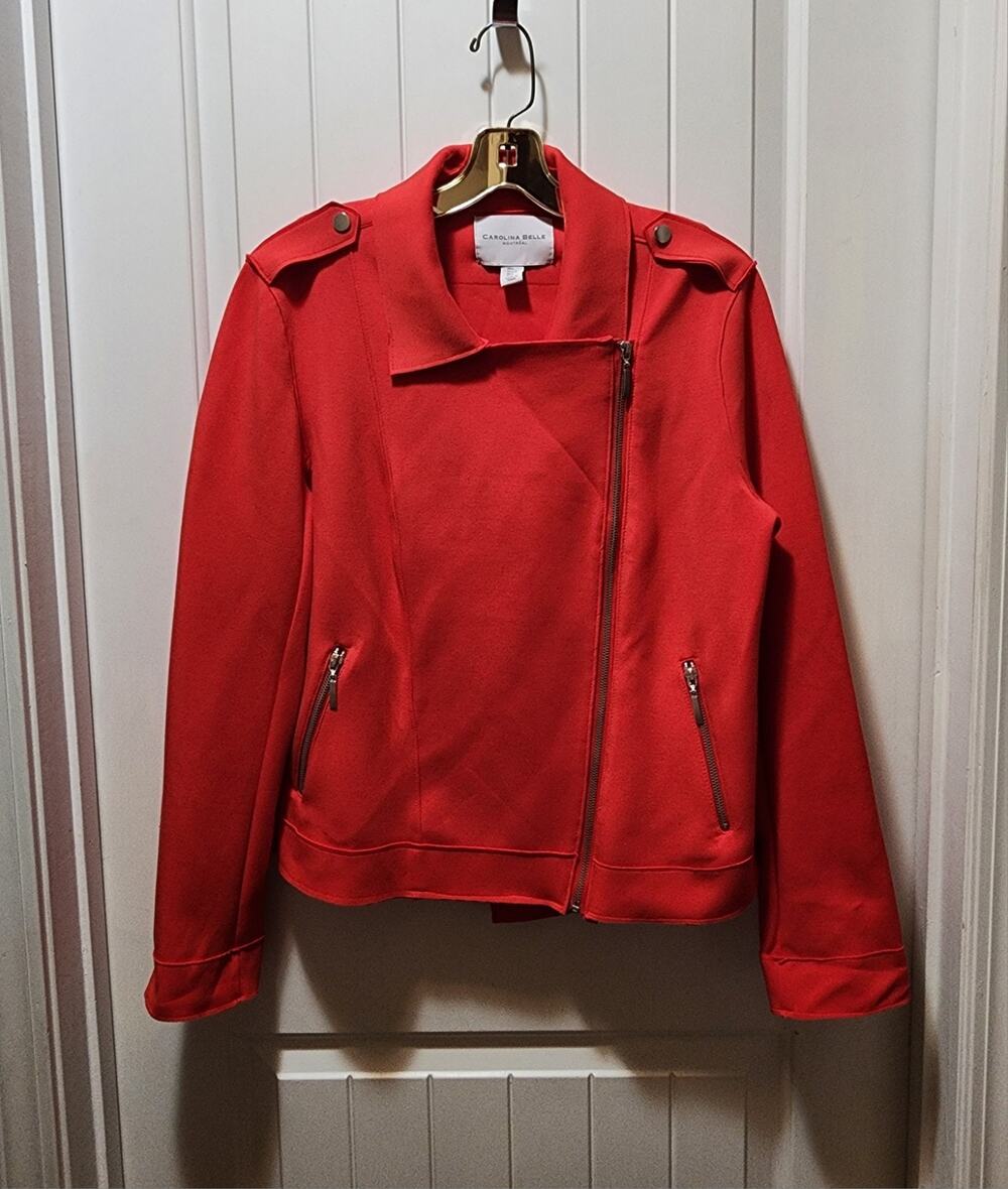 Caroline Belle Jacket Red Knit Zippered Motorcycle Biker Size Large